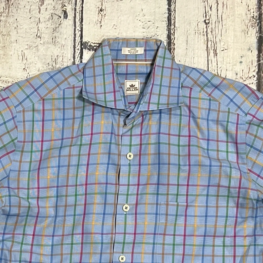 Peter Millar Checkered Blue Mens Suit Dress Professional Button Down Shirt